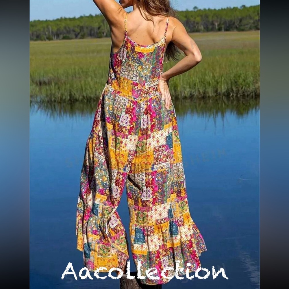 Boho Patchwork Print Wide Leg Jumpsuit - Picture 2 of 3